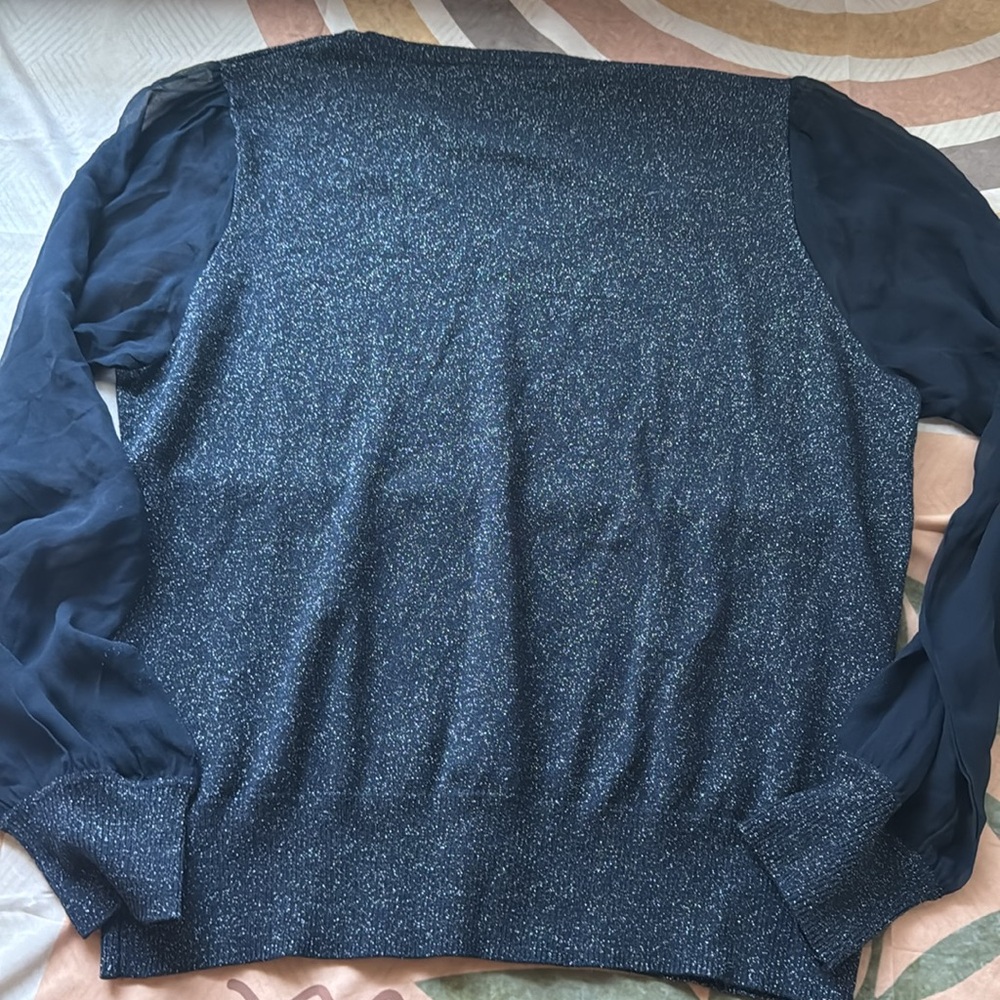 Brooks Brothers Navy Blue And Silver Shimmer Long Mesh Sleeves Top - Picture 8 of 10